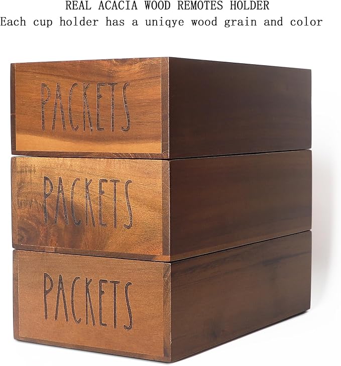 LBEMEY Packet Organizer, Acacia Wood Packet Storage Organizer with 3 Compartments,Farmhouse Kitchen Organization for Spice, Gravy, Taco, and Dressings Packets for Kitchen (Brown Label PACKETS)