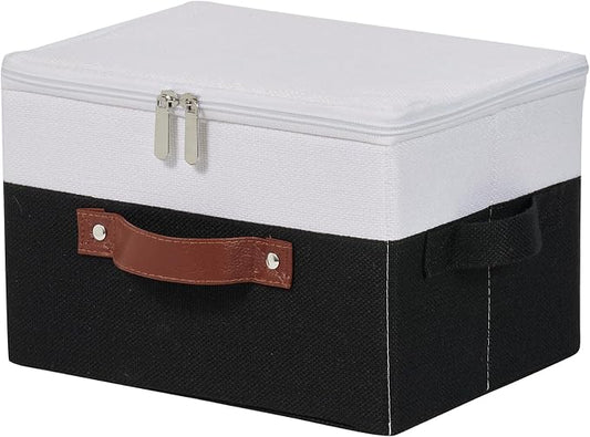 Storage Boxes with Zipper Lid Cotton Linen Fabric Lidded Storage Bins Baskets Foldable Washable Closet Shelf Clothes Organizer Container Faux Leather Handles (Black White, Small)