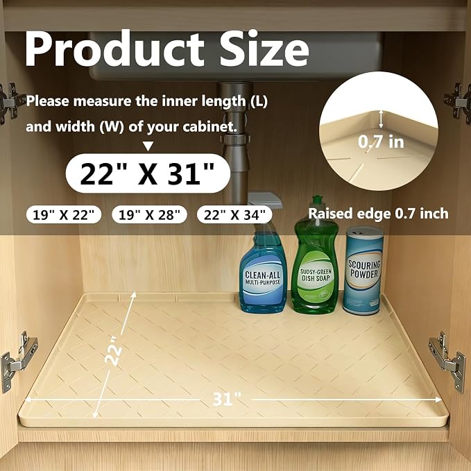 Mateeylife Under Sink Mats for Kitchen Waterproof 31"X22", Undersink Protectors，Silicone Mat Cabinet Liner, Under Sink Organizer for Bathroom and Kitchen，Boot Tray Pet Food Mat, Khaki