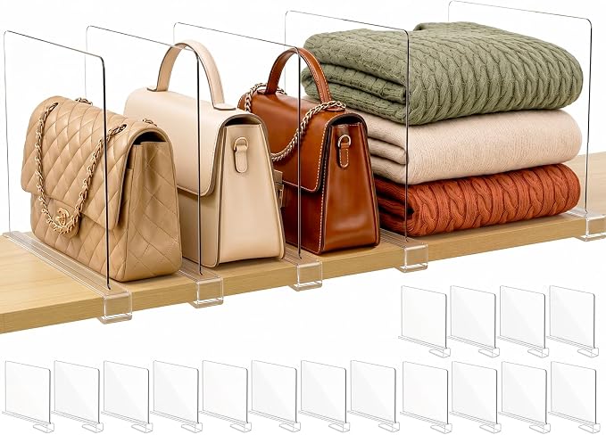 SortNStore Shelf Dividers Purse Organizer for Closet: 16-Pack Acrylic Bag Storage Organizer for Handbags, Clutches, Clothes, Sweater, Towel on Wood Shelves