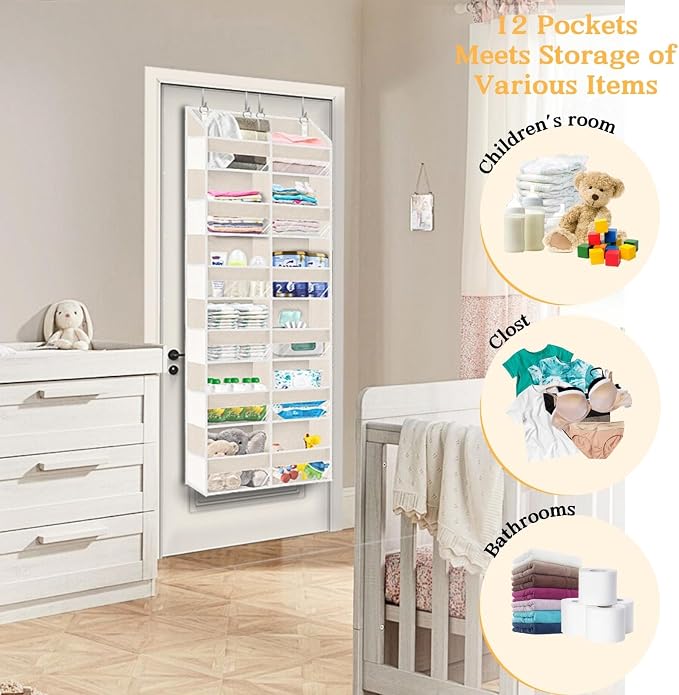 Ofiray-home Over the Door Organizer 6 Tiers, Extra Large Behind Door Storage of 12 Compartments,80 lbs Weight Capacity Hanging Storage Organizer with Clear Window Kids Toys, Shoes, Diapers,Beige