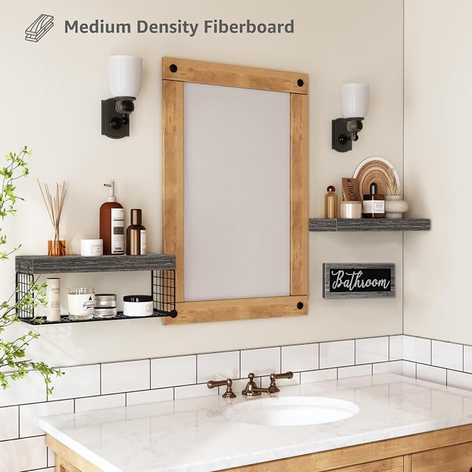 QEEIG ‎Bathroom Shelves Over Toilet - Paper Storage Wall Mounted Farmhouse Decor Decorations Aesthetic Décor Sign Small Floating Shelf 2+1 Set 16 inch, Grey (020GY)