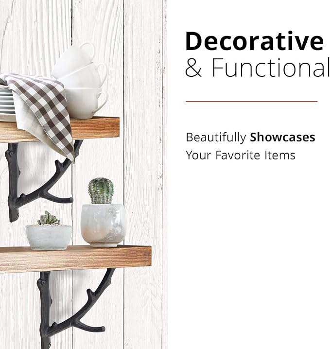 NACH Decorative Shelf Brackets, 2 Pack of 7 x 2 x 7.3 inch, Black Cast Iron Rustic Shelf Brackets - Metal Shelf Brackets for Wall - Tree Branch Shelf Bracket