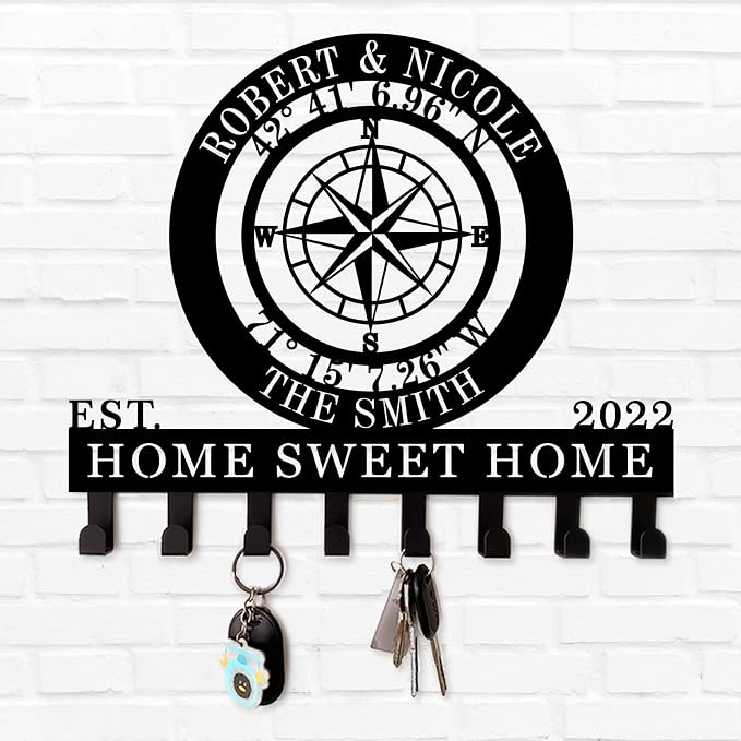 Key Holder for Wall with Nautical Compass GPS Coordinates, Key Hanger Decor for Kitchen, Entryway, Hallway, Office, Doorway Housewarming Gifts New Home