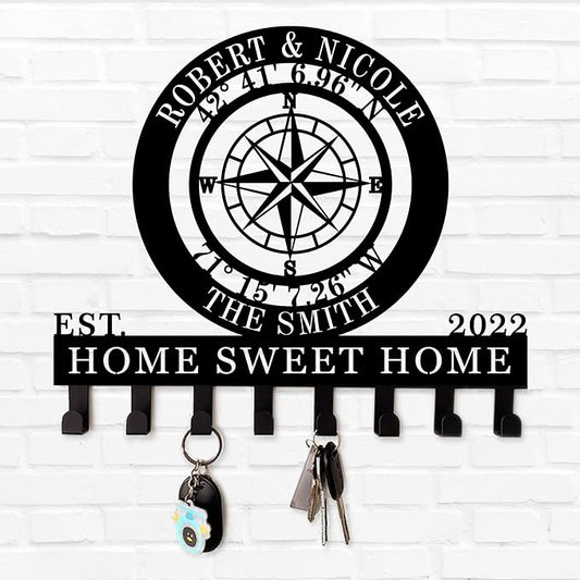 Key Holder for Wall with Nautical Compass GPS Coordinates, Key Hanger Decor for Kitchen, Entryway, Hallway, Office, Doorway Housewarming Gifts New Home