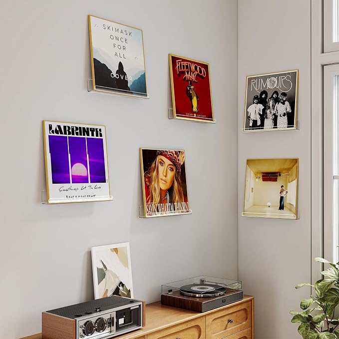 Laurensory Vinyl Record Wall Mount Shelves, 12 inch Vinyl Holder, 6 Pack | Clear Acrylic Floating Shelves for Album Record Storage Display, Wall Decor, Magazine Rack, Kids Bookshelf, Picture Ledge