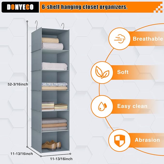 Hanging Closet Organizer 6-Shelf, Oxford Fabric Wardrobe Storage, Gray | Easy-mount foldable design holds clothes, handbags, shoes & accessories; washable Oxford fabric, sturdy and space-saving.