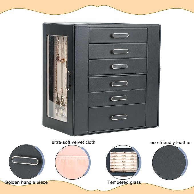 BOOVO Clear Lid Jewelry Box,6 Layers Jewelry Organizer Large Jewelry Storage Box with 6 Drawers,Jewelry Holder Organzier of Rings Earrings Necklace Bracelets for Women (Black, 6 Layer)