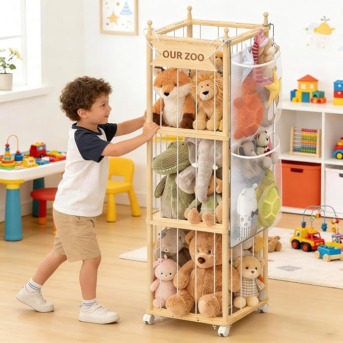 Stuffed Animal Storage,Wooden Zoo Toy Organizer with Wheels & Hanging Net, Cute Plush Toy Display Stand for Kids Bedroom, Playroom & Nursery Decor, Perfect White Elephant Gift for Boys & Girls