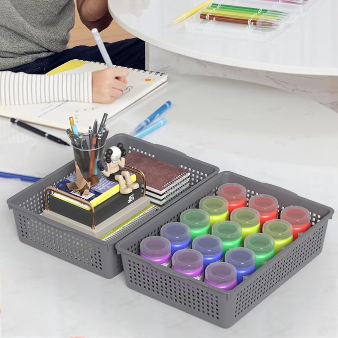 6-Pack A4 Paper Storage Trays, Desktop File Organizer Baskets, Grey | Organizing Desk Tray for A4 Papers, Classroom Storage Plastic Paper Bins, Fun Turn In Trays for Teachers and Students