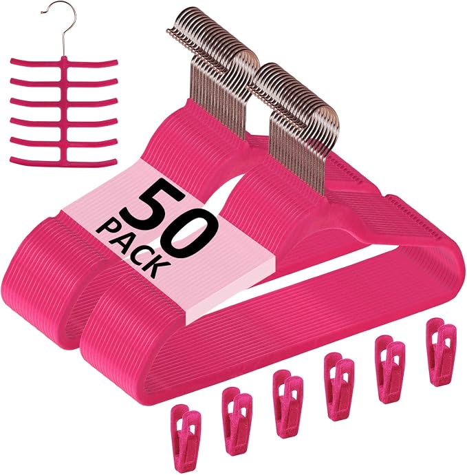 VECELO Premium Velvet Clothes Hangers Suit Heavy Duty (50 Pack)-Non Slip & Space-Saving with 6 Finger Clips & Tie Rack Excellent for Men and Women,Rose Red