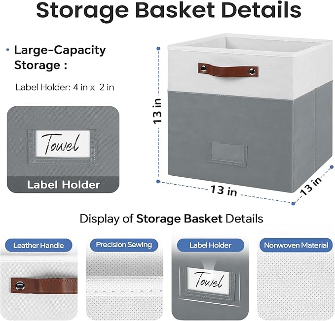 FinishingBo 6-Pack Storage Cubes with Handles & Label Holders Basket, Closet Cube Home Organizer Bins(White/Dark Grey, 13 x 13 x 13 inch)