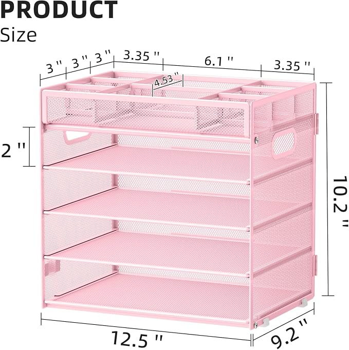 Marbrasse 5 Tier Paper Organizer Letter Tray, Mesh Desk File Organizer with Handle, Paper Sorter Desk Organizer for Home Office Supplies - Pink, Adjustable