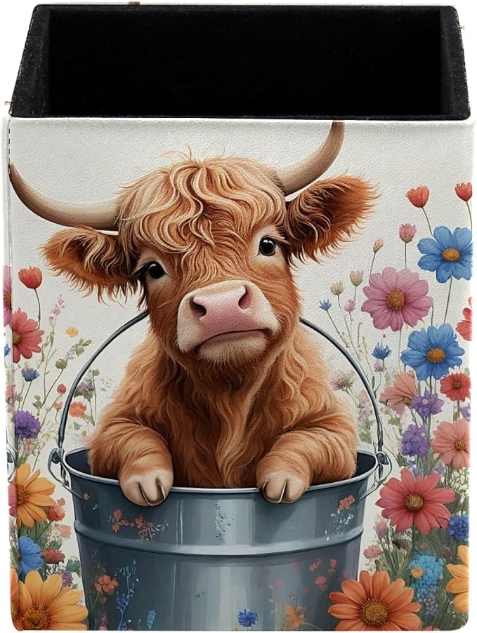Pen Holder for Desk, Highland Cow Floral Pencil Holder, Pen Cup Functional Desk Organizer for Office Supplies