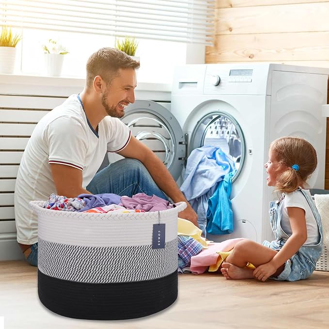 COMSE Extra Large Blanket Basket, Woven Laundry Basket, 21.7”x 13.8”, Nursery Hamper, Cotton Rope Laundry Hamper Living Room for Storage Toys Clothes Towels (White &Gray &Black)
