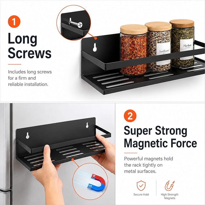 SMRCAD Metal Magnetic Spice Rack for Refrigerator, 4 pack Magnetic Shelf for Fridge Space Saving Seasoning Organizer for Any Metal Surface No Drilling Needed (BLACK -cut out, 4pack)