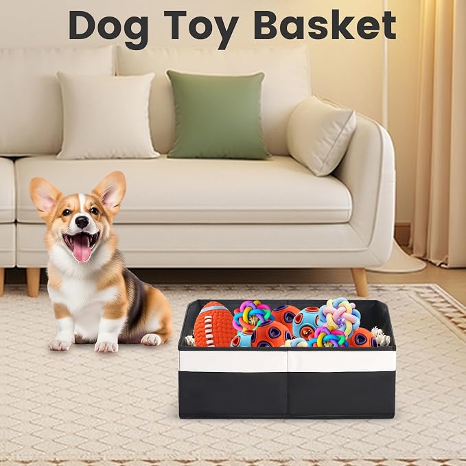 Large Dog Toy Basket with Handle, Foldable Dog Toy Box for Living Room Area , 20" Basket for Dog's Supplies, Organizer and Storage with Hard Board, Anti-Slip for Pet Toys (Black, Medium 20"×15")