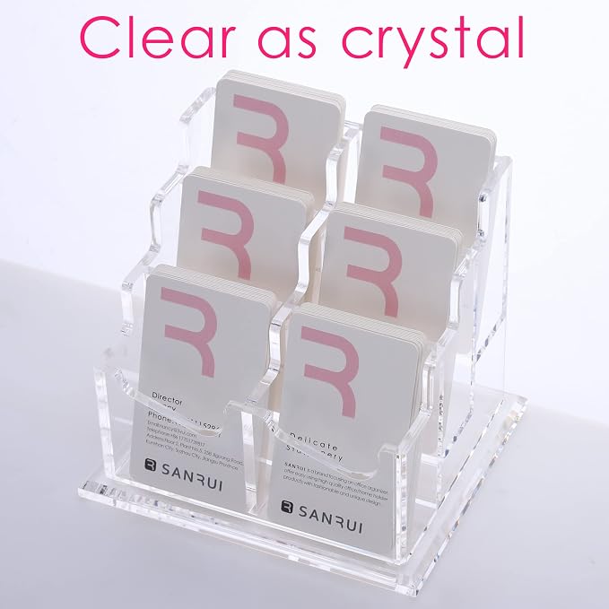 SANRUI Vertical Business Card Holder for Desk，Clear Acrylic Business Card Display Stand，6 Slots 3 Tier ，Holds 300 Cards