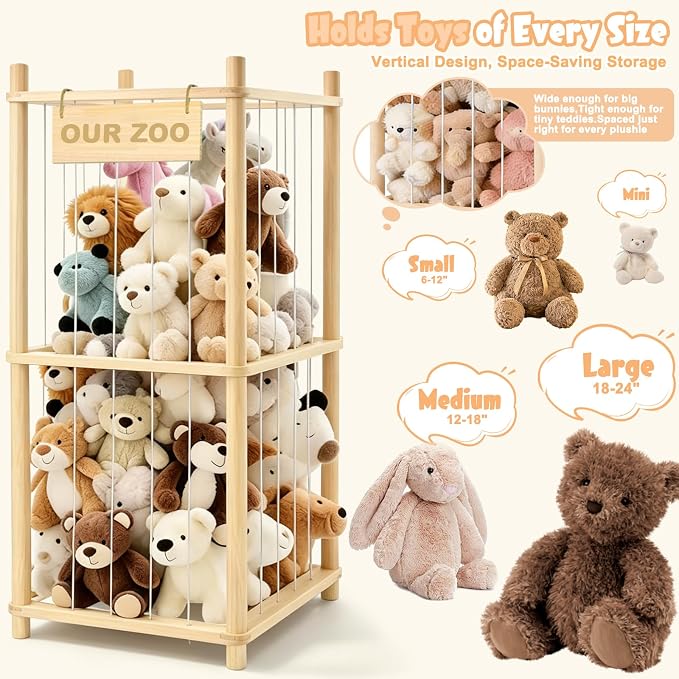 Stuffed Animal Storage, Wood Stuffed Animal Zoo Storage, Space Save Toy Organizer, Large Capacity Stuffed Animal Holder, Perfect for Nursery Playroom Kidroom Bedroom