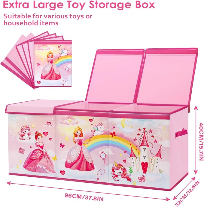 Large Toy Box Chest Organizer with Flip Lid for Kids, Collapsible Oxford Toy Storage Box with Handles for Boys Girls, Sturdy Waterproof Storage Organizer for Bedroom Playroom Nursery, 37.7×12.5×15.7''