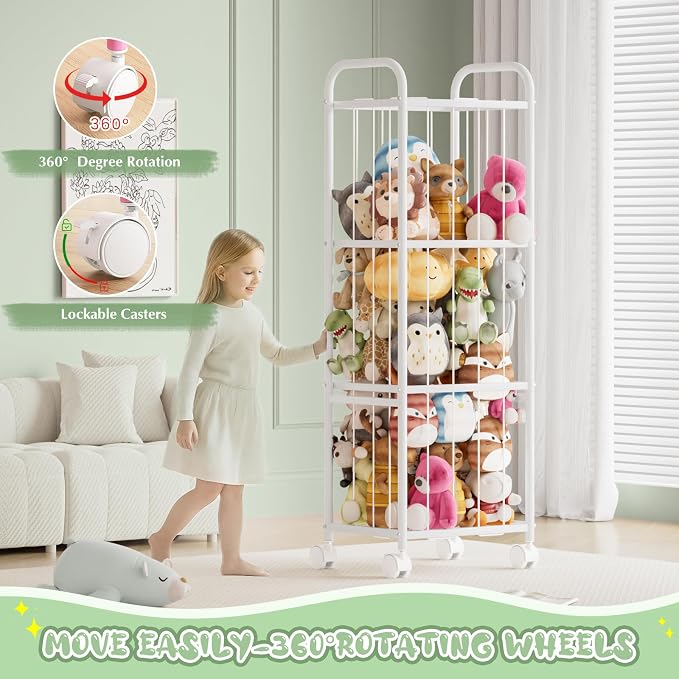 Stuffed Animal Storage, Metal Tube Toy Storage Organizer Extra Large Stuffed Animal Holder With Brake Wheels, Stuffed Animal Zoo Organizer For Nursery Playroom Kids Room White(53.5” x 18.1”x 13”) 13”)