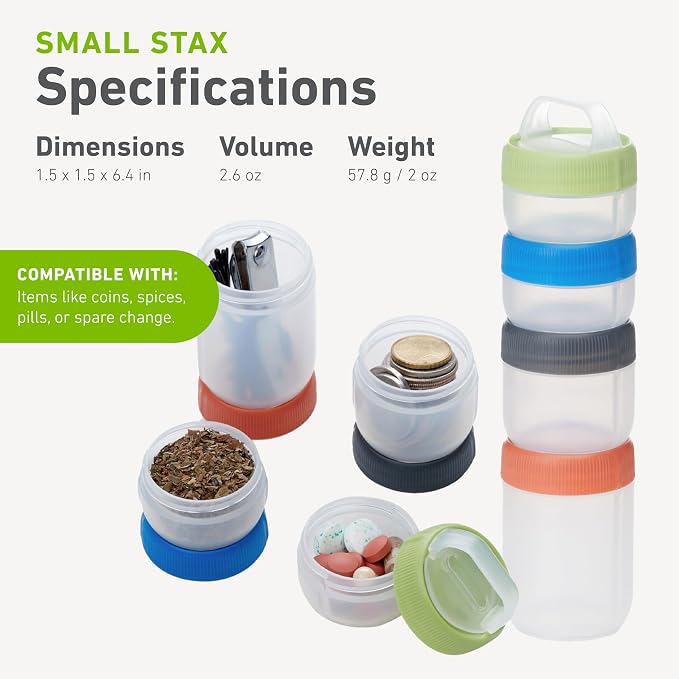 humangear STAX, Stackable Snack Containers - 4-Piece Leak-Proof Snack Travel System - FDA-Food Safe, BPA/PC/Phthalate-Free - Stackable & Click-Together Food Storage, Small