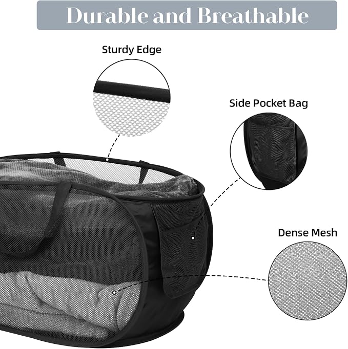 4 Pack Collapsible Laundry Baskets, Foldable Laundry Basket with Pocket, Durable Pop Up Hampers, Reinforced Handles Dirty Clothes Hamper for Laundry, Bedroom, Bathroom, Dorm, Travel or Camping Black