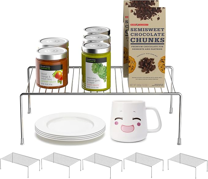 Redrubbit 6 Pack Large (15.7 x 9. 4 Inch) Cabinet Storage Shelf Rack, Rustproof Kitchen Counter and Cabinet Shelf, Storage Rack Organizer for Kitchen, Fridge, Cabinet, Bathroom, Chrome
