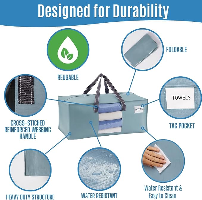 VENO 2 Pack Heavy Duty Moving Bags, Packing Bags with Clear Window, Alternative to Moving Boxes, Storage Bins for Clothes, Blankets, Comforters, College Dorm Essentials (Light Blue Matte, 2 Pack)