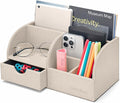 UnionBasic Desk Organizer - Multifunctional Leather Desktop Pen Holder Storage Box - Business Card/Pen/Pencil/Mobile Phone/Stationery Holder, Beige