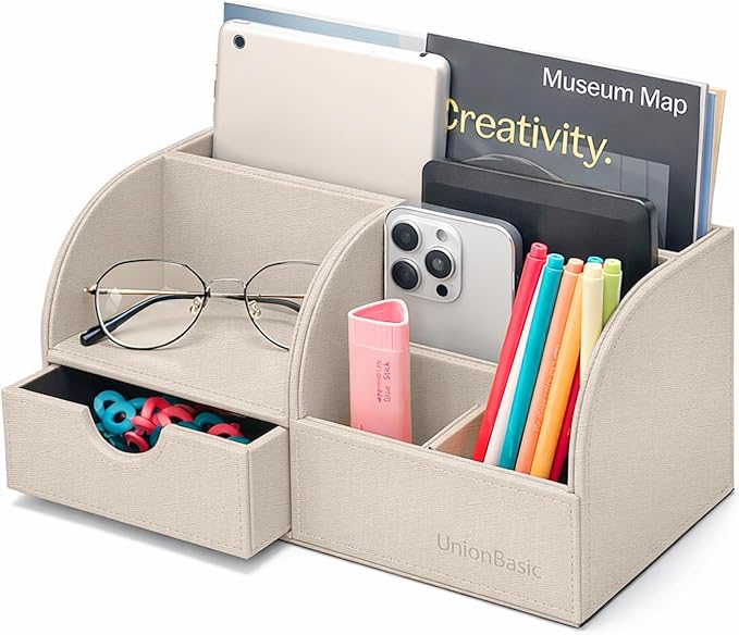 UnionBasic Desk Organizer - Multifunctional Leather Desktop Pen Holder Storage Box - Business Card/Pen/Pencil/Mobile Phone/Stationery Holder, Beige