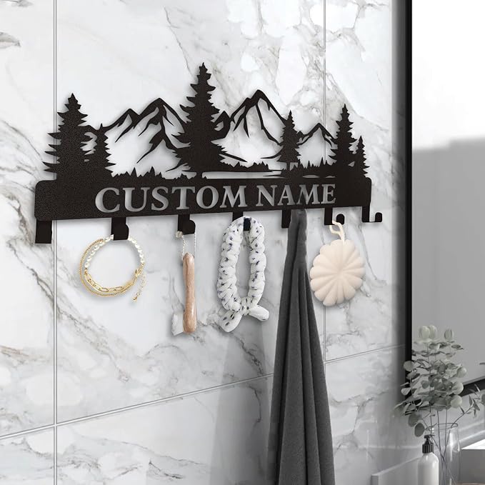 Dyoart Personalized Custom Mountain Theme Key Holder with Name, Metal Wall Mount, Coat Rack, Key Hooks, Home Decor Gift