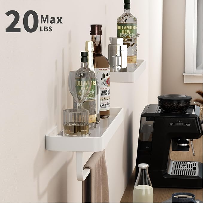 Danpoo 16-Inch White Floating Bathroom Shelves with Towel Bar， Clear Tempered Glass Wall Shelf 2-Pack – Versatile Bathroom Organizer Set
