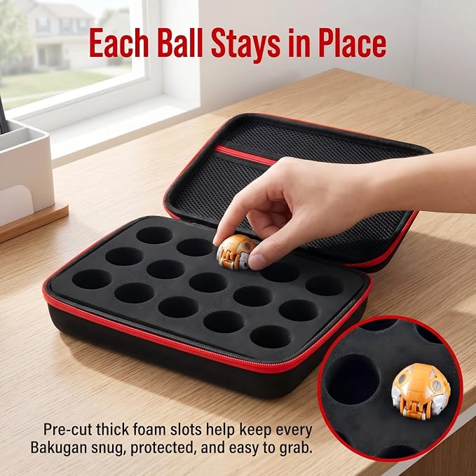 Comecase Hard Carrying Case Compatible with Bakugan Figures, Storage Organizer Box with 15 Foam Slots and Mesh Pocket for 60+ Cards, Travel Holder for Kids Toys (Case Only)- Black
