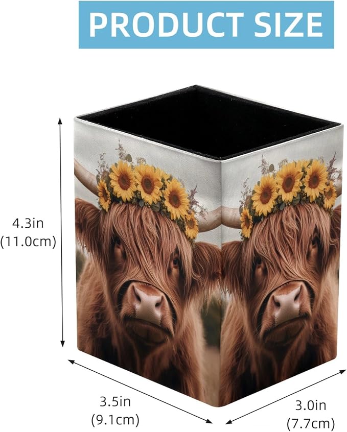 Pen Holder for Desk, Highland Cow Sunflower Pencil Holder, Pen Cup Functional Desk Organizer for Office Supplies