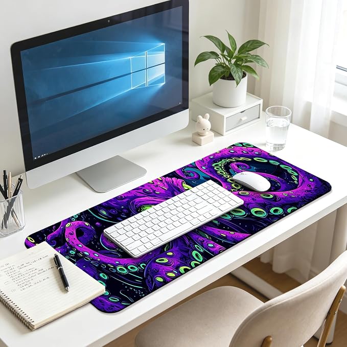 Octopus Monster Gaming Desk Mat, Computer Keyboard Large Extended Cool Neon Animal Mouse Pad for Office and Home, 31.5×11.8 Inches, XL