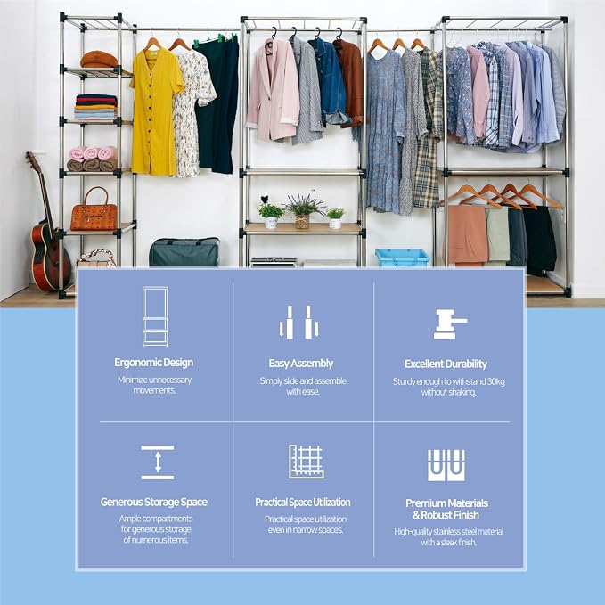 Letusto Premium Stainless Steel Freestanding Closet Organizer System - Easy Assembly, Durable, and Versatile - Heavy Duty Adjustable Portable Wardrobe Clothing Rack (2 Tier)