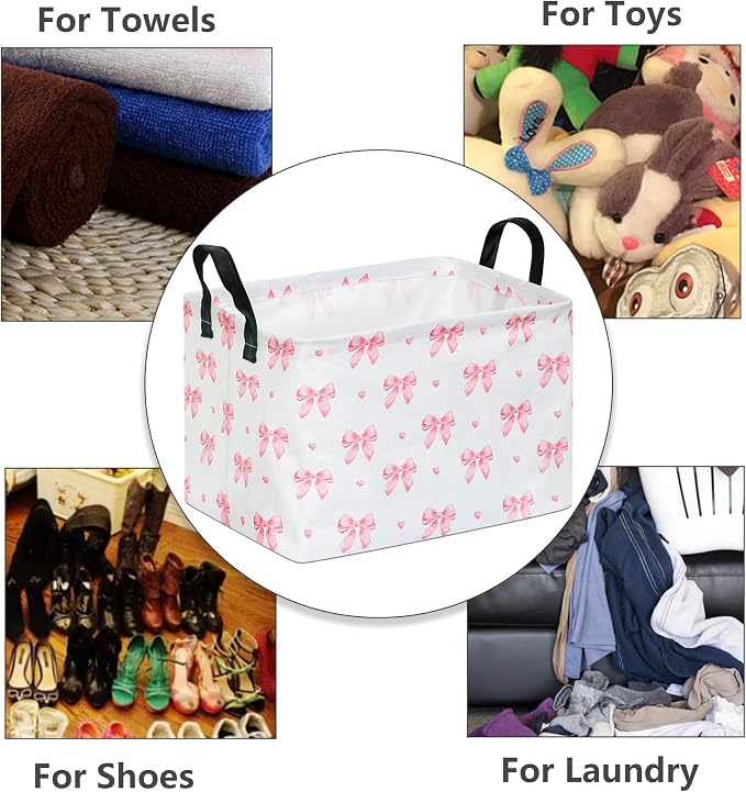 Pink Bow Canvas Storage Basket Waterproof Laundry Hamper with Leather Handles Collapsible Decorative Bin for Girls Bedroom Toys Clothes Gift Giving