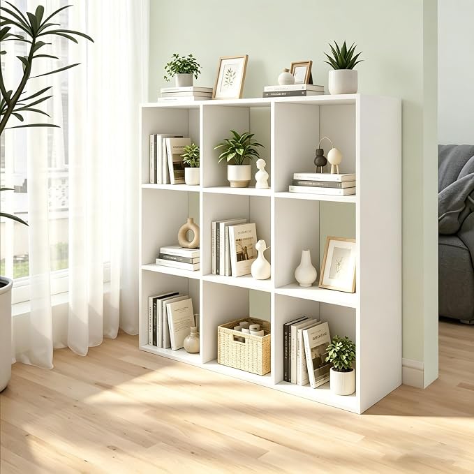 9 Cube Shelf with Anti-Tipping Kits + Reversible Open Back Bookcase, Multi Layer and Multi Grid Partition Layout (White 11in)