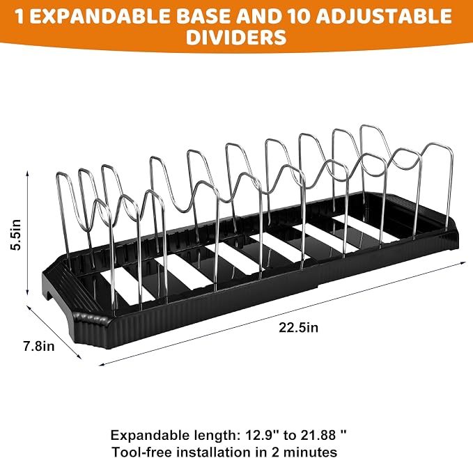 Expandable Pot Rack Organizer, 14 Adjustable Compartments, Pot and Pan Organizer Rack for Cabinet with Cup Brush Dividers, 13 -22" Wide Adjustable Pan Organizer - Pantry Countertop Storage (Black)