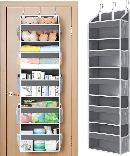 Yecaye 5 Tier Clear Over the Door Organizer Hanging, 5 Large Plastic Pockets and 10 Side Pockets Back of Door Organizer, 56lbs Weight Capacity Behind the Door Storage for Nursery, Deep Gray