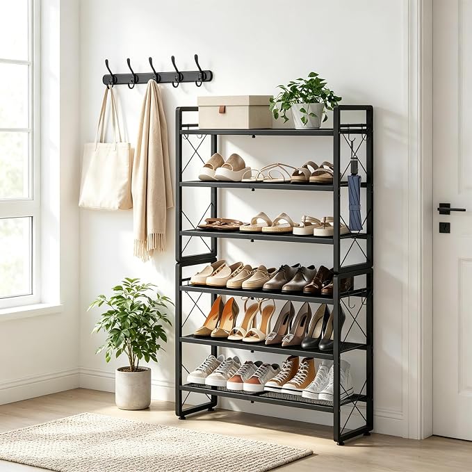 ELYKEN Shoe Rack, 6-Tier Expandable Shoe Organizer for Closet, Metal Black Shoe Shelf with 8 Hooks, Adjustable Shoe Stand Holder for Entryway, Garage, Door Entrance