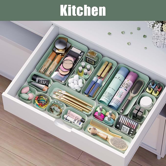 Drawer Organizers Bins 10 PCS for Bathroom Makeup Desk Office | with Non-slip Pads, 3 Sizes, Plastic Tray, Vanity Organizer, Kitchen Utensils Organizer
