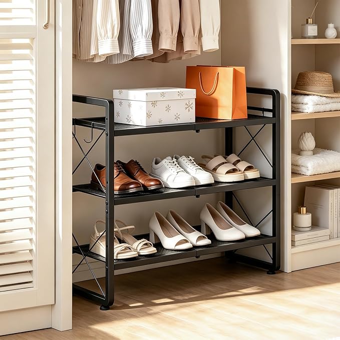 ELYKEN Shoe Rack, 3-Tier Expandable Shoe Organizer for Closet, Metal Black Shoe Shelf with 4 Hooks, Adjustable Shoe Stand Holder for Entryway, Garage, Door Entrance