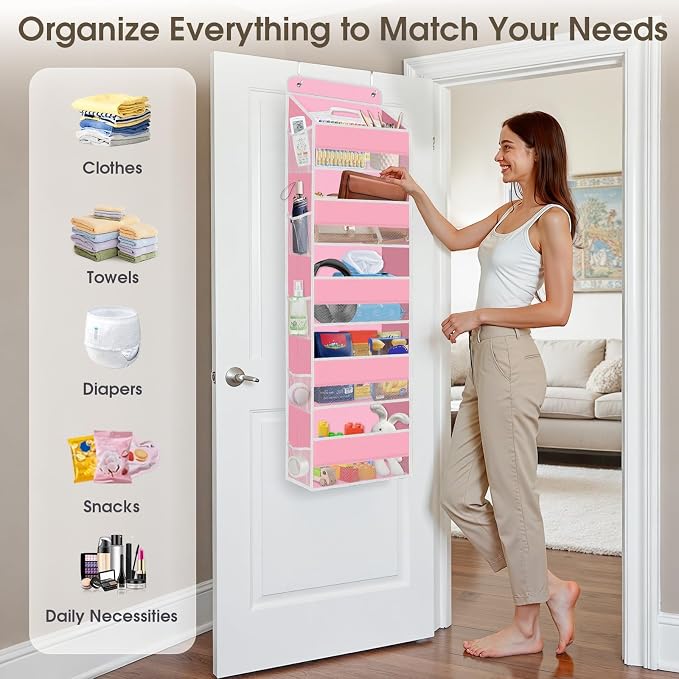 SpaceHacks 2 Pack Over The Door Organizer Hanging Storage Organizers with Clear Window 40lb Large Capacity Room Organizer for Pantry Laundry Bathroom Nursery Closet(Pink)