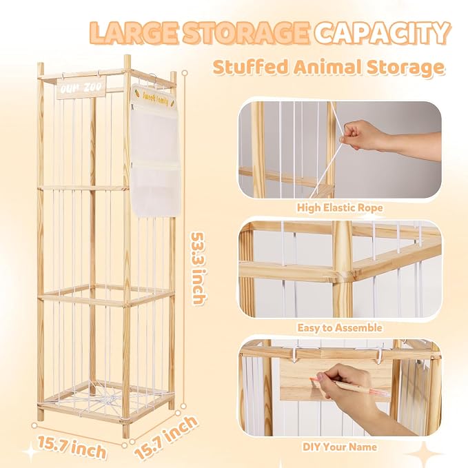 Stuffed Animal Storage Organizer, Large Wooden Zoo Toy Holder with Pockets, Plushie, Stuffy,Toy Storage for Kids Room, Playroom, Bedroom(Natural Large)