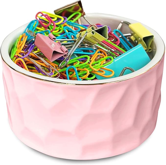 Paper Clip Holder Ceramic Paper Clip Holders Paperclips Holder Dispenser Cute Paper Clip Organizer for Desk Binder Clip Holder Bobby Pin Hair Clip Holder Gift for Office (Geo-Pink)