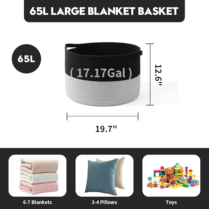 Foldable Laundry Hamper Basket with Collapsible Handle Cotton Rope Soft Woven Fabric Storage Organizer Clothes Toys Nursery Bedroom Dorm Space Saving Bin (Black & Grey, 65L(19.7"D x 12.6"H))