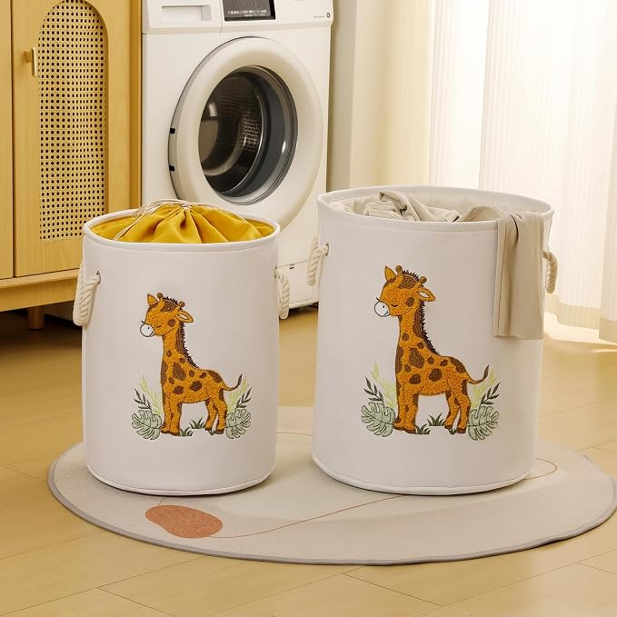 Kids Laundry Basket Baby Hamper for Nursery, Canvas Dirty Clothes Hampers with Drawstring Closure, Jungle Theme Baby Basket, Animal Baskets for Toys Laundry Hamper, Safari Nursery Decor, Giraffe