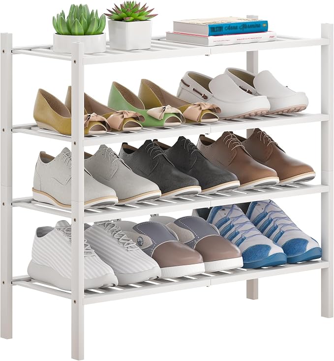 Bamboo Shoe Rack Stackable Shoe Shelf Storage Organizer for Unit Entryway Hallway and Closet Sturdy Freestanding Shoe Shelf(4 Tier White)